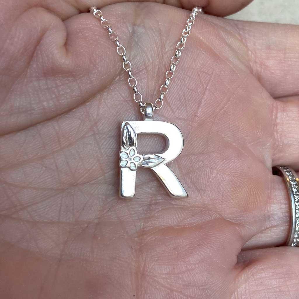 Silver Letter R Necklace, made by Elin Mair, Image property of THE JEWELLERY MAKERS in hand.-2