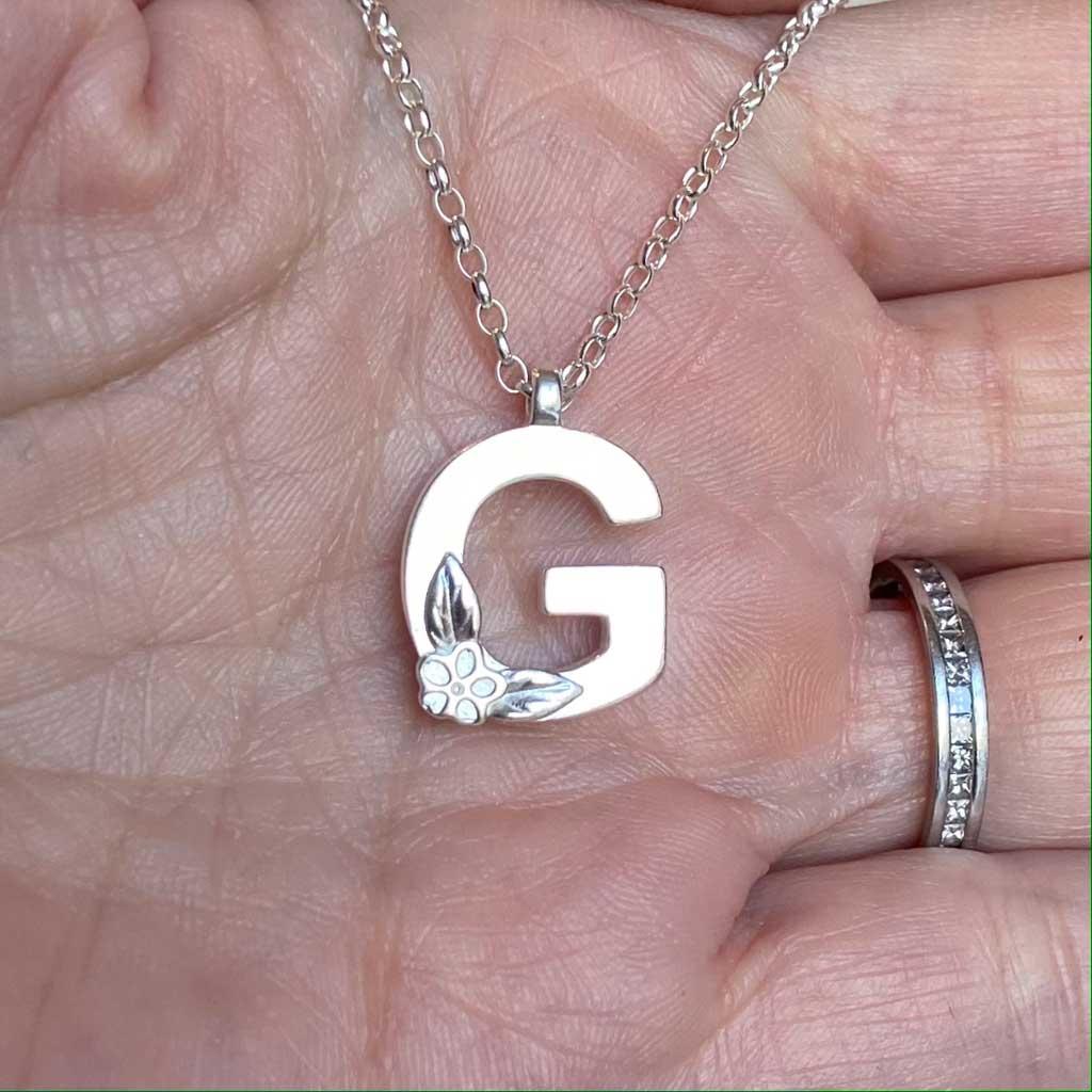 Silver Letter G Necklace, made by Elin Mair, Image property of THE JEWELLERY MAKERS in hand-2