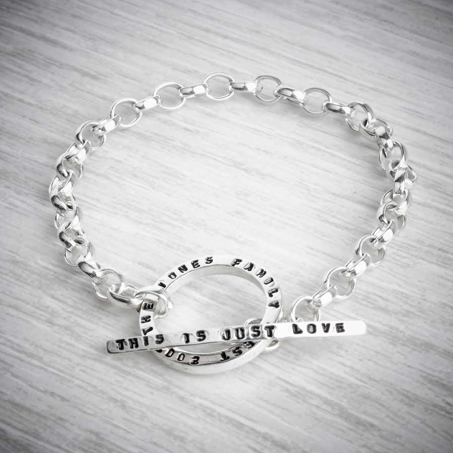 handmade personalised silver toggle bracelet on grey background-1