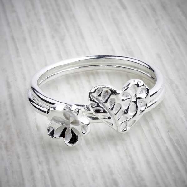 Silver clay stacking rings by Elin Mair, heart and flower combo-2