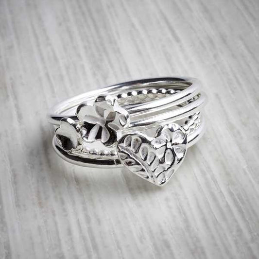 Silver clay stacking rings by Elin Mair, heart, flower and bobble combo-1