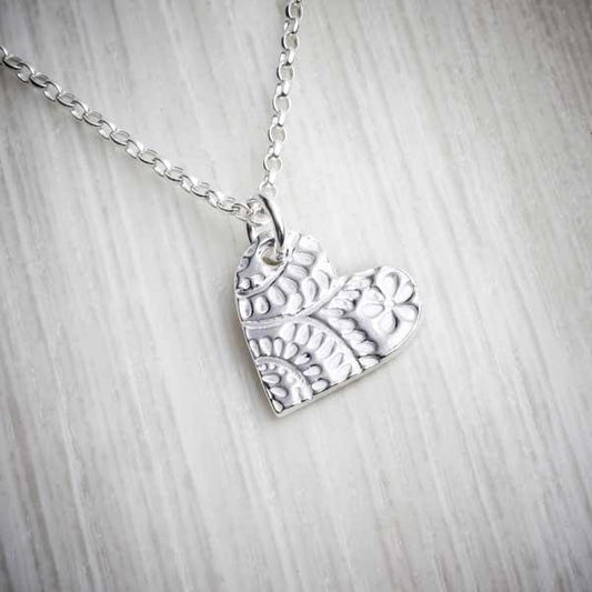 Silver Clay Medium Floral Heart Necklace by Elin Mair-0