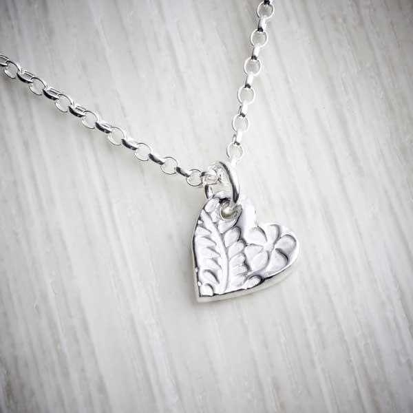 Silver Clay Small Floral Heart Necklace by Elin Mair-0