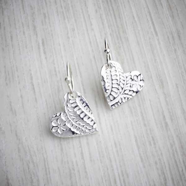 silver clay floral heart drop earrings by Elin Mair, Janglerins-0