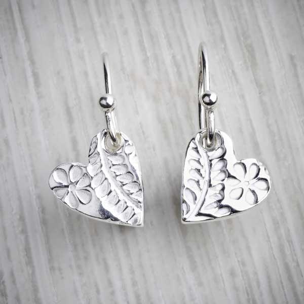 Silver Clay Small Floral Heart Drop Earrings by Elin Mair-0