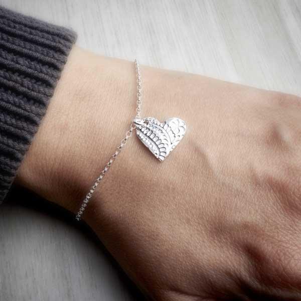 Silver clay floral heart bracelet with medium charm by Elin Mair-1