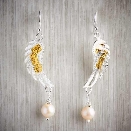 Large Silver and Gold Angel Wing Drop Earrings with Pearl by Fi Mehra-1