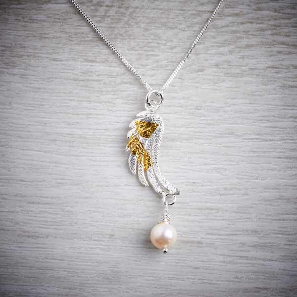 Large Angel Wing Silver and Gold Keum Boo Pendant with Pearl by Fi Mehra-1
