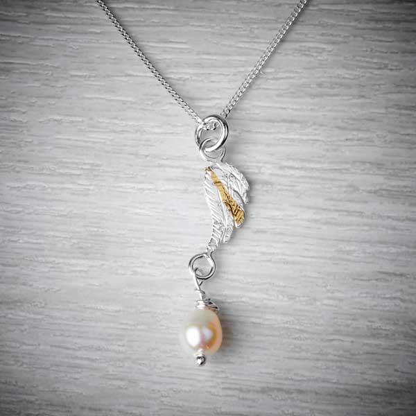 Small Angel Wing Silver and Gold Keum Boo Pendant with Pearl Drop by Fi Mehra-2
