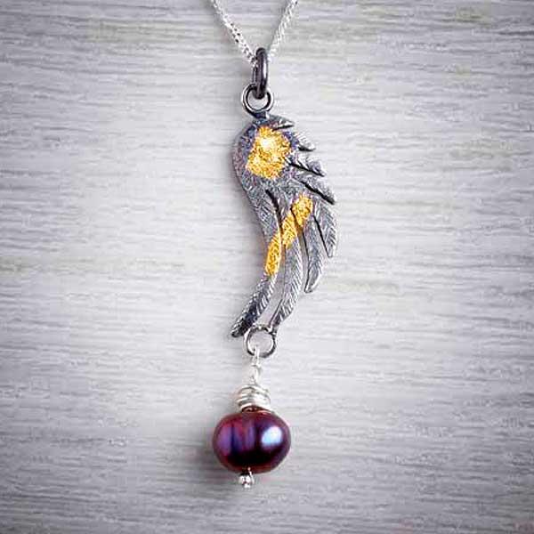 Large Angel Wing Oxidised Silver and Gold Keum Boo Pendant with Pearl by Fi Mehra-0