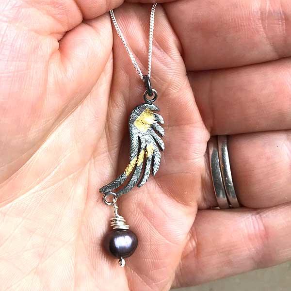 Large Angel Wing Oxidised Silver and Gold Keum Boo Pendant with Pearl by Fi Mehra-2