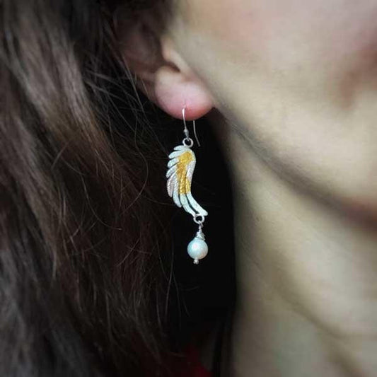 Large Silver and Gold Angel Wing Drop Earrings with Pearl by Fi Mehra-0