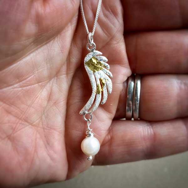 Large Angel Wing Silver and Gold Keum Boo Pendant with Pearl by Fi Mehra-0