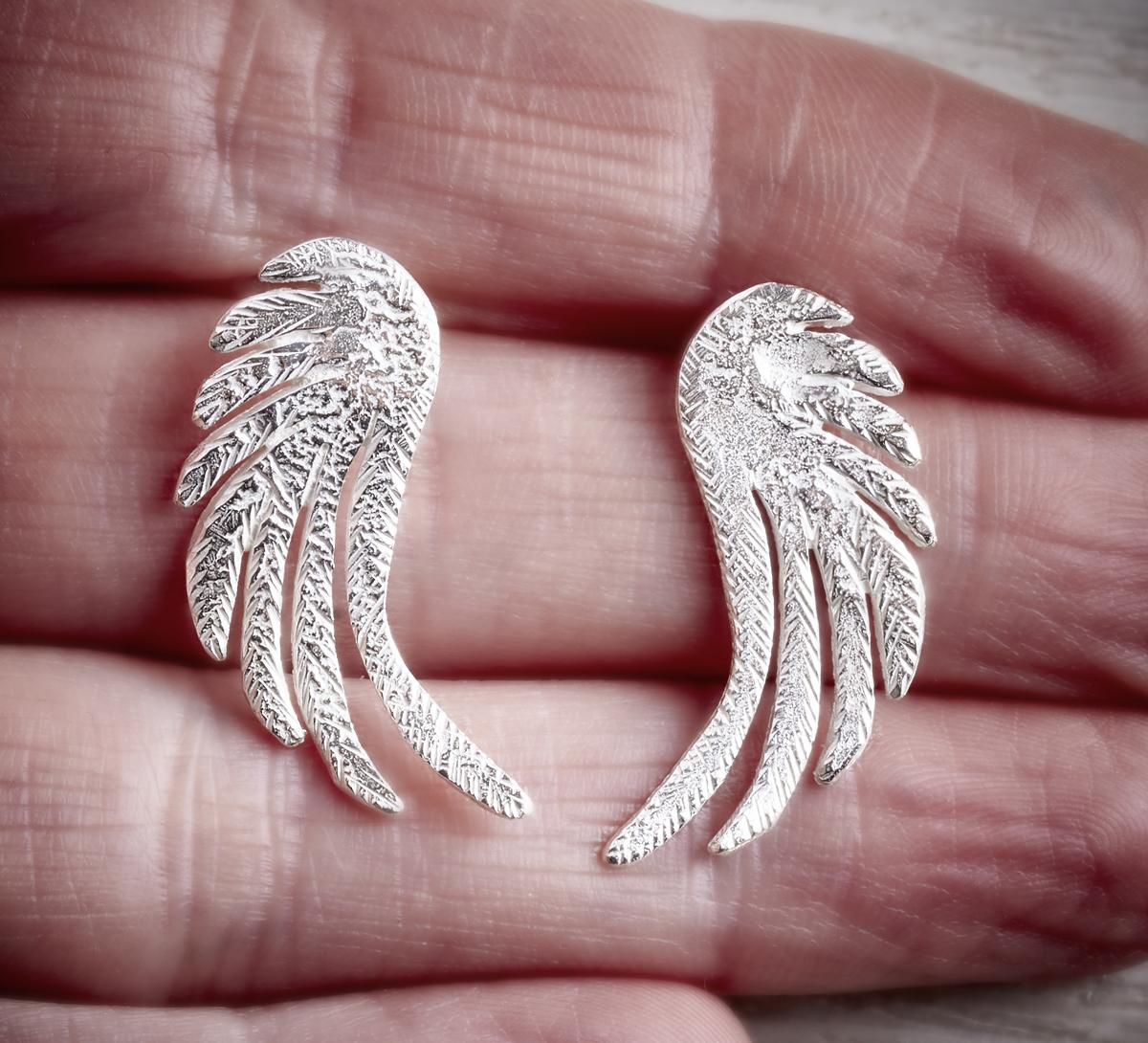 large silver stud angel wing earrings by Fi Mehra available at THE JEWELLERY MAKERS, image property of EMMA WHITE-2