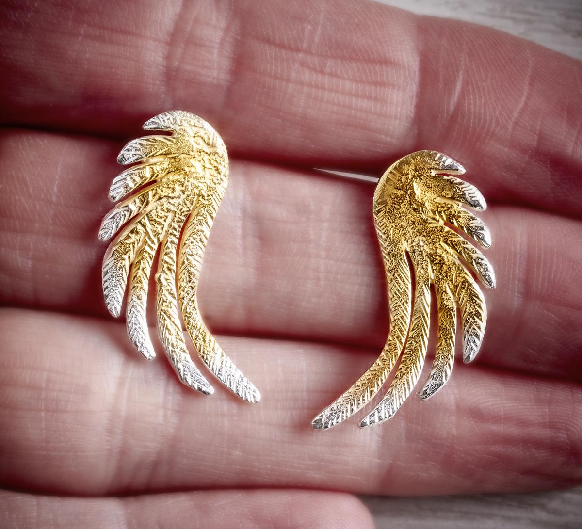 large silver and gold stud angel wing earrings by Fi Mehra available at THE JEWELLERY MAKERS, image property of EMMA WHITE-2