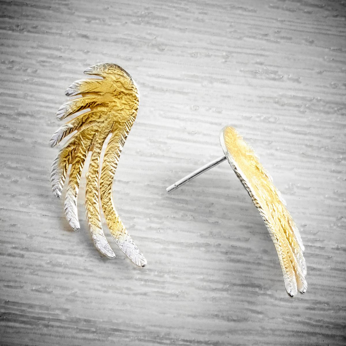 large silver and gold stud angel wing earrings by Fi Mehra available at THE JEWELLERY MAKERS, image property of EMMA WHITE-1