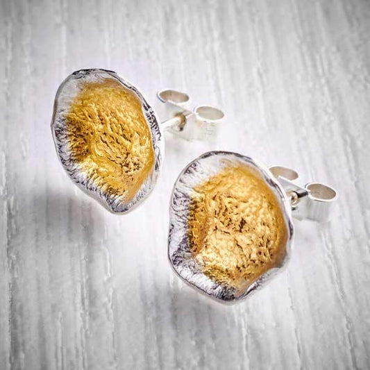 Silver and Gold Oyster Cup Stud Earrings by Fi Mehra. Image property of THE JEWELLERY MAKERS-0