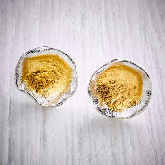 Silver and Gold Oyster Cup Stud Earrings by Fi Mehra. Image property of THE JEWELLERY MAKERS-1