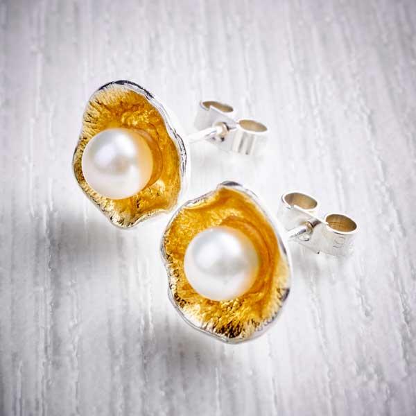 Silver, Gold and Pearl Oyster Cup Stud Earrings by Fi Mehra-0