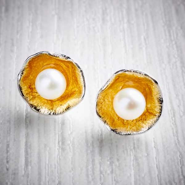 Silver, Gold and Pearl Oyster Cup Stud Earrings by Fi Mehra-1