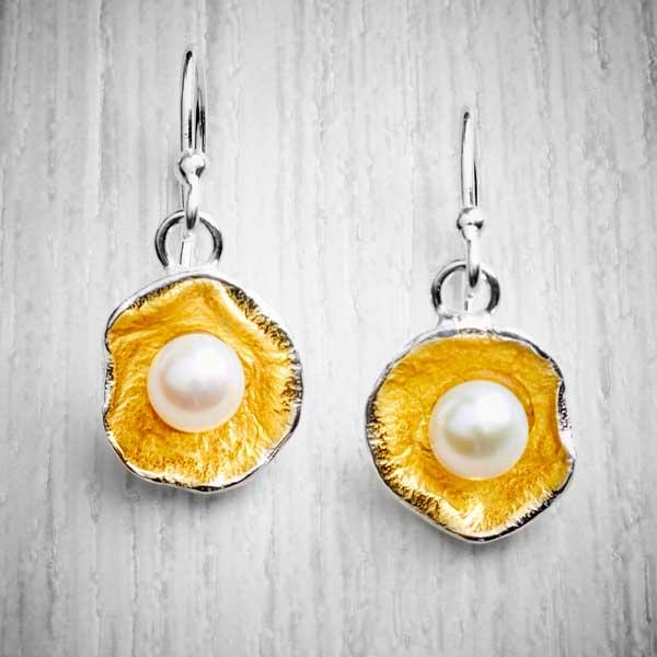 Silver and Gold Oyster Cup and Pearl Drop Earrings by Fi Mehra-0