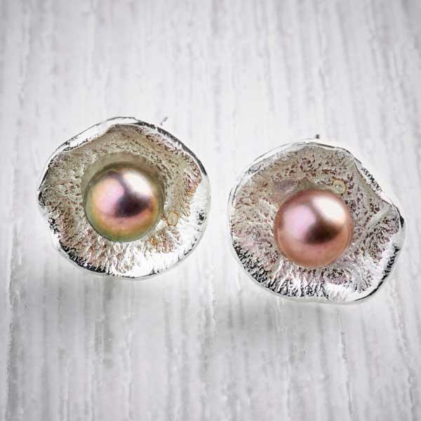Silver and Peacock Pearl Oyster Cup Stud Earrings by Fi Mehra-1