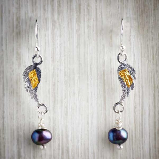 Small Oxidised Silver and Gold Angel Wing Drop Earrings with Pearl by Fi Mehra-0