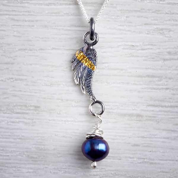 Angel Wing Oxidised Pendant by Fi Mehra, silver and gold keum boo with a fresh water dark pearl-1