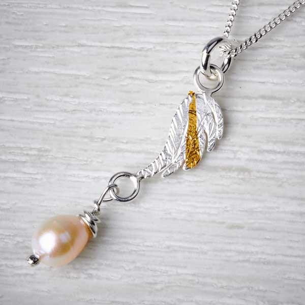 Small Angel Wing Silver and Gold Keum Boo Pendant with Pearl Drop by Fi Mehra-0
