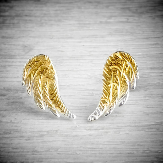 silver and gold angel wing stud earrings by Fi Mehra available from the jewellery makers, IMAGE property of EMMA WHITE-0