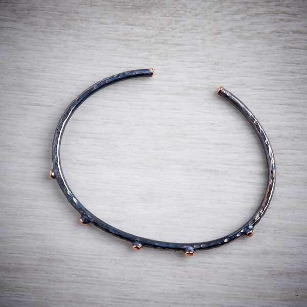 Rose Gold Nugget and Oxidised Silver Torque Bangle by Fi Mehra