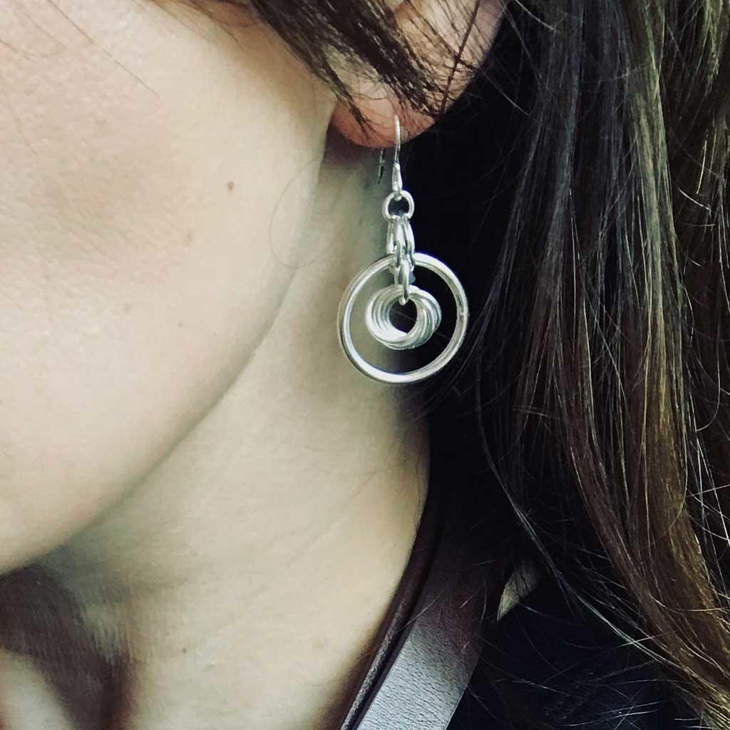 Chainmaille Encircled Hook Earrings by Laura Brookes, image property of THE JEWELLERY MAKERS, worn on-1