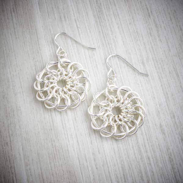 Silver chainmaille chain mail catherine wheel earrings by Laura Brookes, image property of THE JEWELLERY MAKERS-0