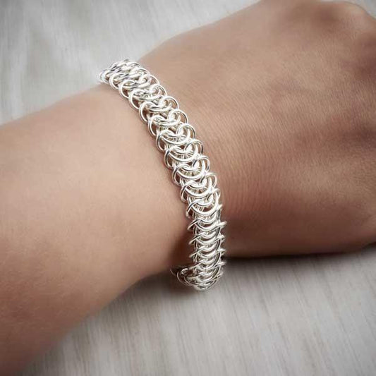Silver Chainmaille King's Chain Bracelet on model by Laura Brookes. Image property of THE JEWELLERY MAKERS-1