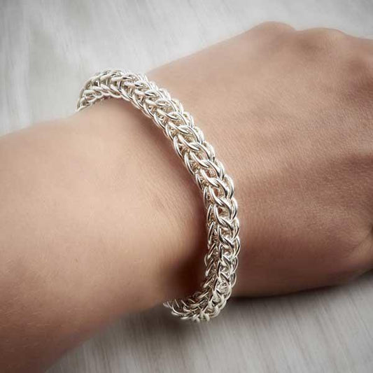 Silver Chainmaille Full Persian Bracelet, pictured worn, by Laura Brookes-1
