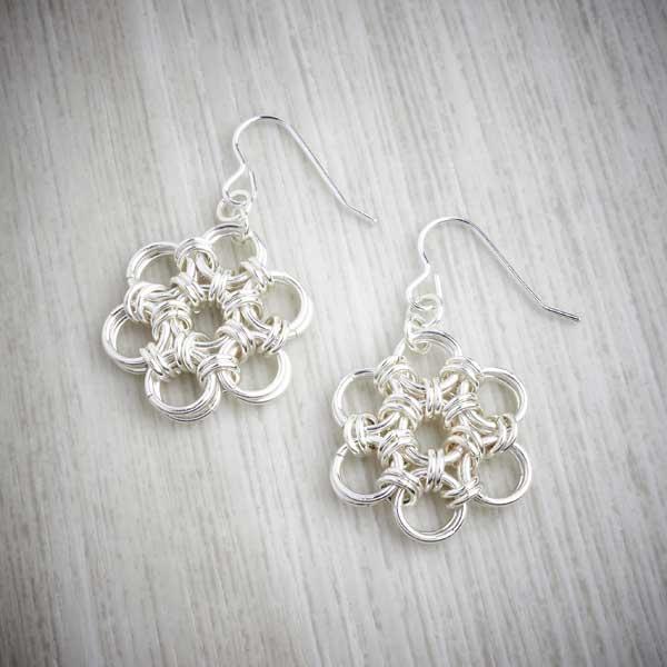 Silver Chainmaille Flower Earrings by Laura Brookes, image property of THE JEWELLERY MAKERS-0