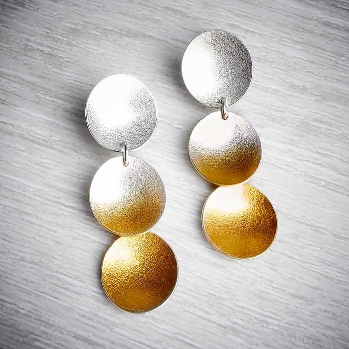 Large Electra Silver and Gold Triple Drop stud earrings. Image property of THE JEWELLERY MAKERS-0