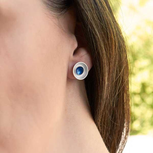 Silver and blue enamel two in one earrings by Kokkino, worn on-1