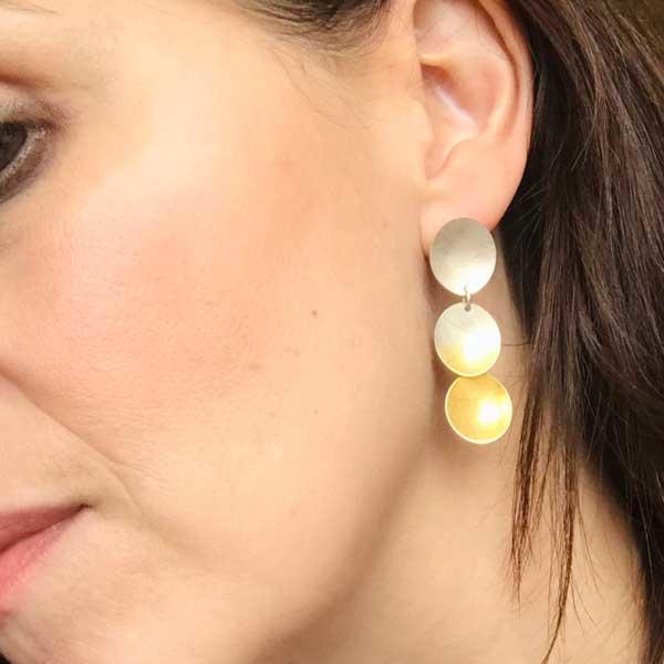 Large Electra Silver and Gold Triple Drop stud earrings. Image property of THE JEWELLERY MAKERS-1