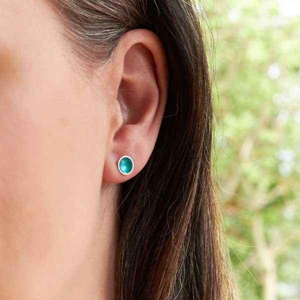 Halo Midi Stud enamel earrings in Aqua by Kokkino, worn on-1