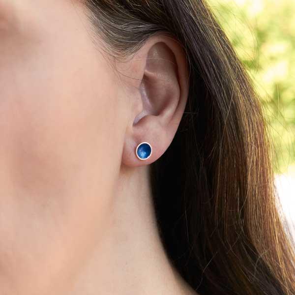 Halo Midi Stud enamel earrings in Kingfisher by Kokkino, worn on-2