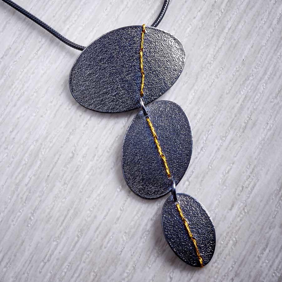 Oxidised Silver Trio Drop Necklace sewn with Gold thread by Sara Bukumunhe-0