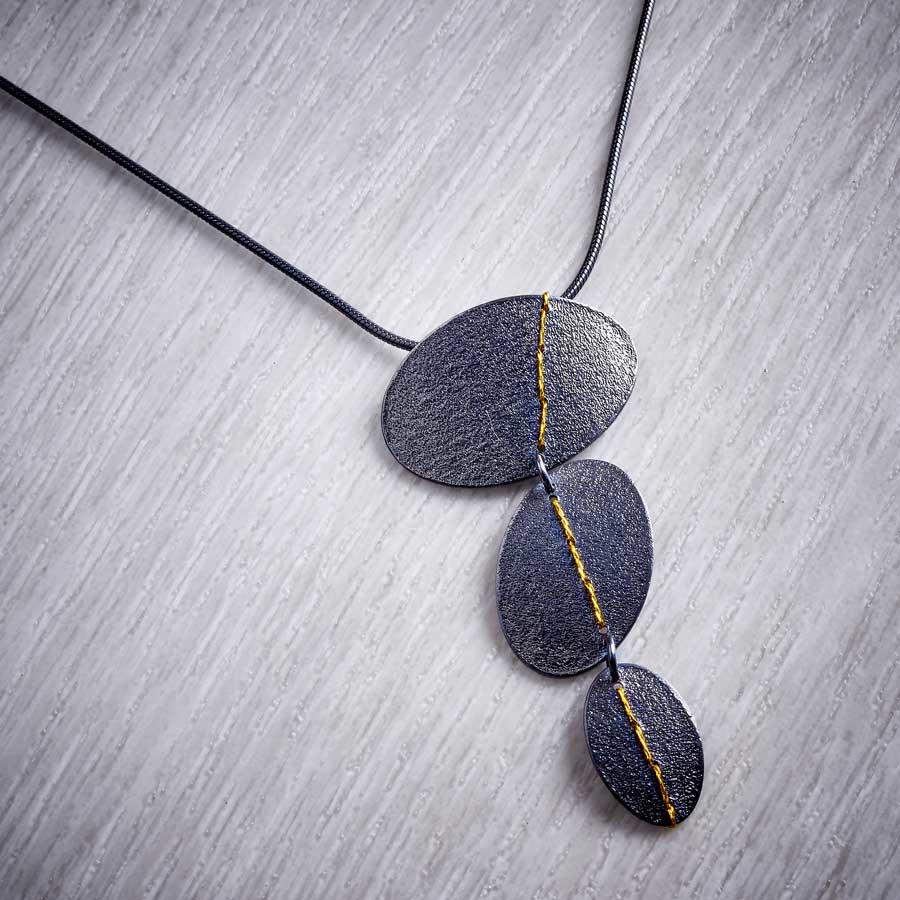 Oxidised Silver Trio Drop Necklace sewn with Gold thread by Sara Bukumunhe-1