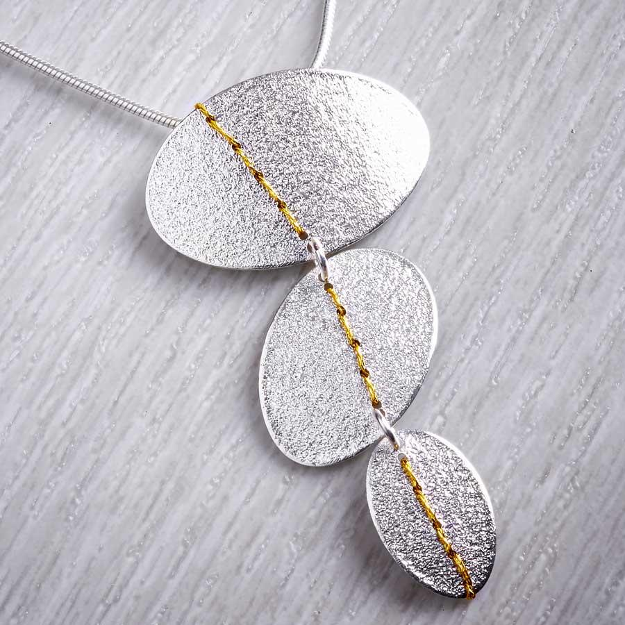 Silver Trio Drop Necklace sewn with Gold thread by Sara Bukumunhe-1