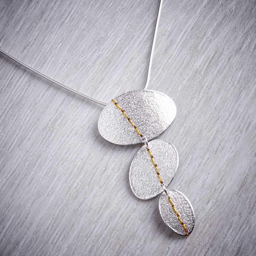 Silver Trio Drop Necklace sewn with Gold thread by Sara Bukumunhe-2