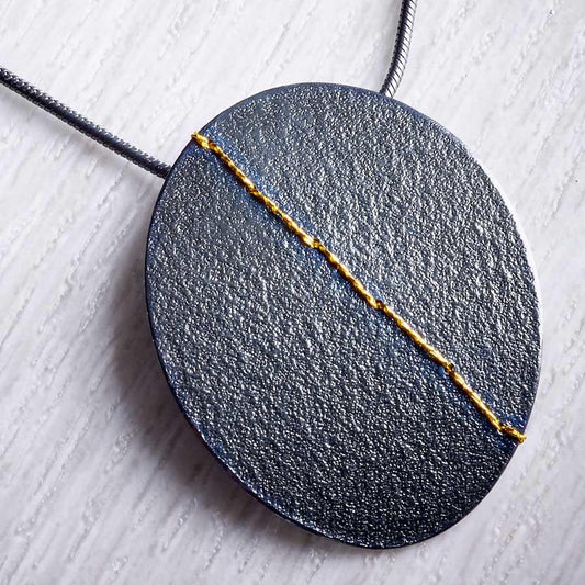 Large Oxidised (Black) Silver Oval Necklace sewn with Gold thread by Sara Bukumunhe-0