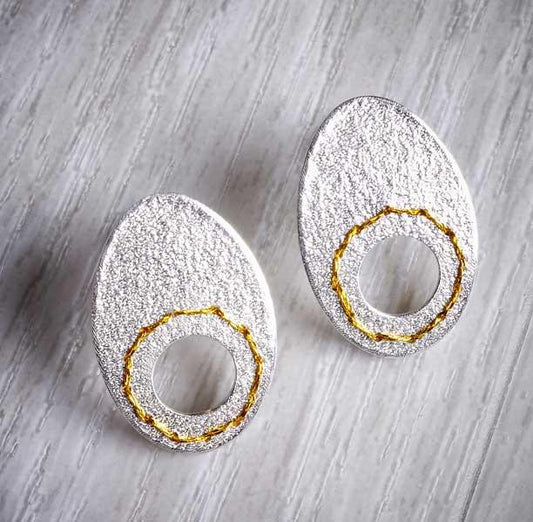 Silver Cut-out circle earrings sewn with Gold thread by Sara Bukumunhe (SUEH)-0