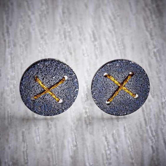 Oxidised Silver Stud Earrings with Gold Cross by Sara Bukumunhe. Image property of THE JEWELLERY MAKERS.-0