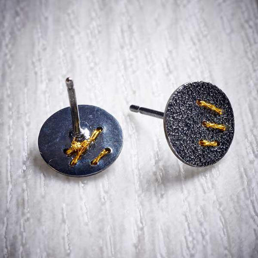 Oxidised Silver Stud Earrings with Gold Thread Slash by Sara Bukumunhe-1