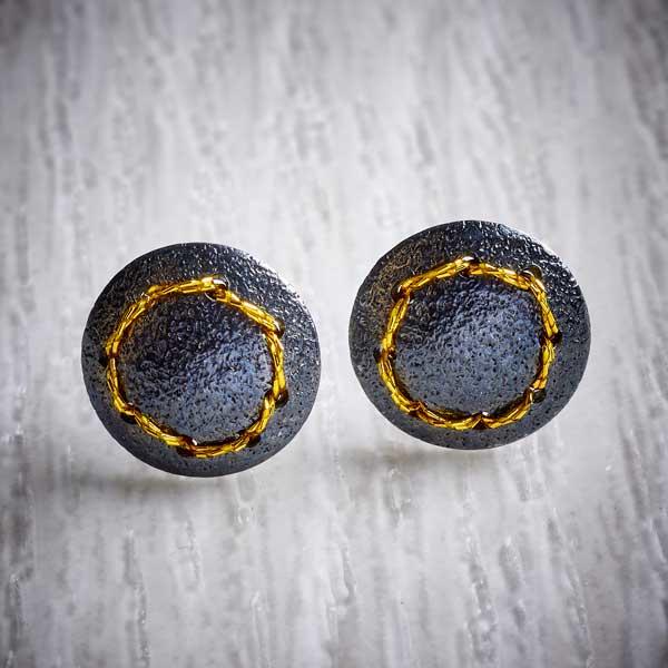 Oxidised (Blackened) Silver, Round Stud Earrings, with Gold Thread Circle by Sara Bukumunhe. Image property image of THE JEWELLERY MAKERS.-0